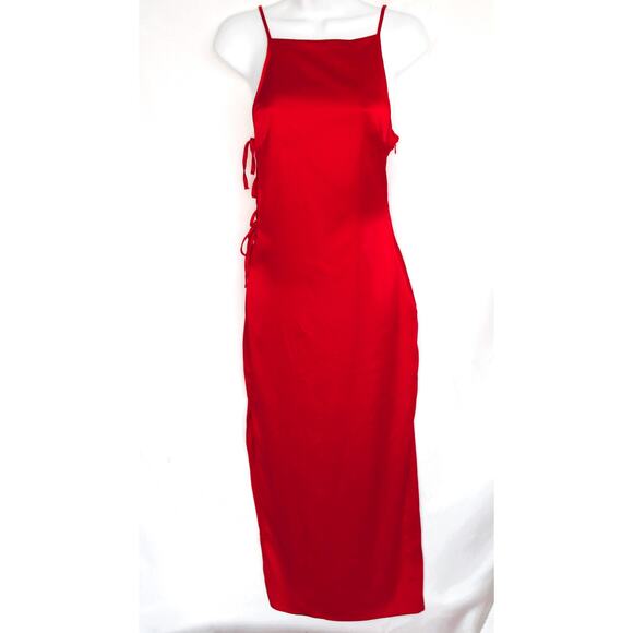 Nwt ZARA Red Satin Effect Side Tie Maxi Cocktail Dress Women's Size Small - Picture 2 of 10